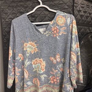 Alfred Dunner Blue Knit Top with Yellow Floral Accents